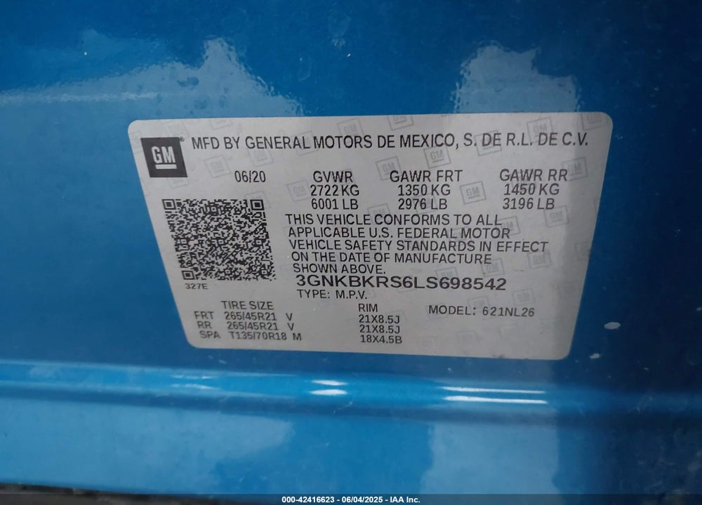 2020 CHEVROLET BLAZER VIN: 3GNKBKRS6LS698542