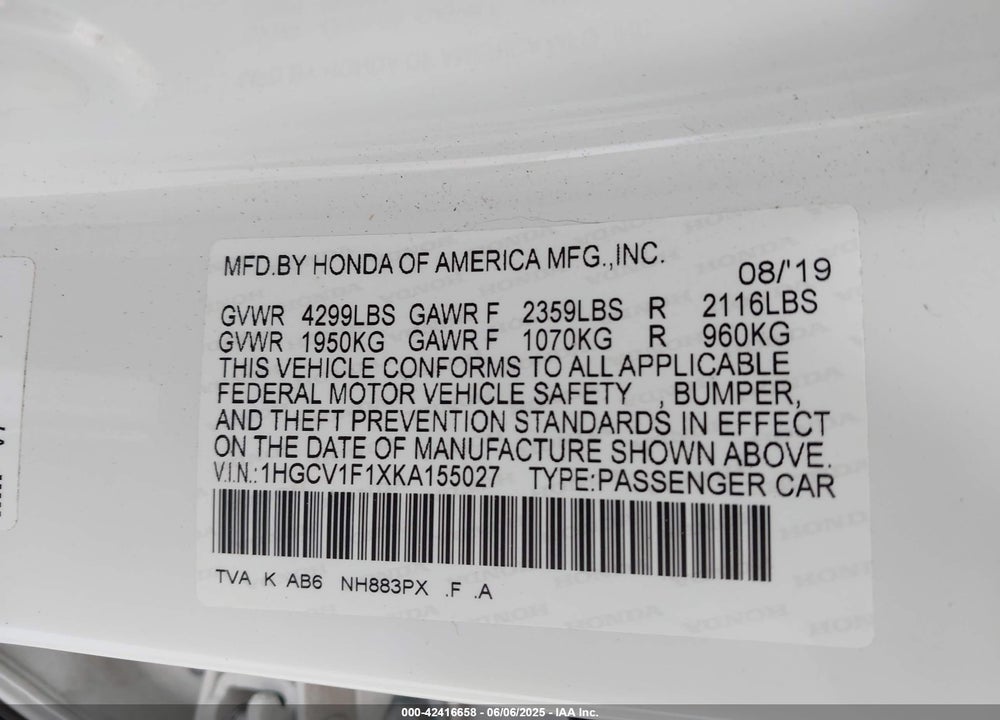 2019 HONDA ACCORD VIN: 1HGCV1F1XKA155027