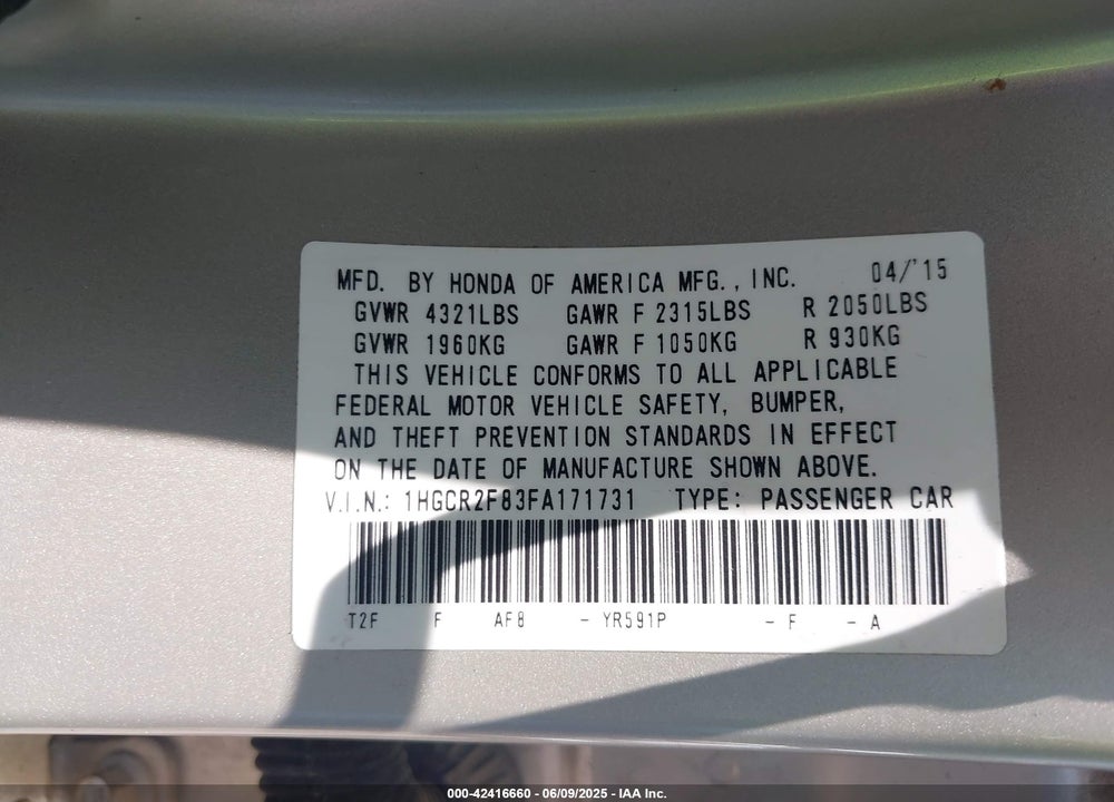 2015 HONDA ACCORD EX-L VIN: 1HGCR2F83FA171731