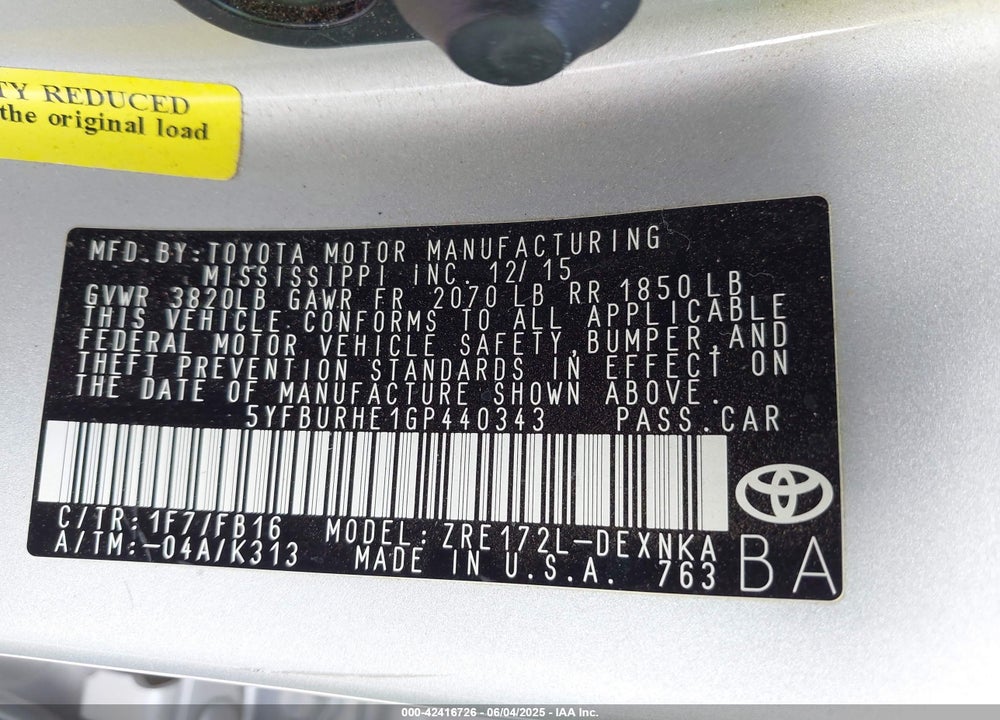 2016 TOYOTA COROLLA VIN: 5YFBURHE1GP440343