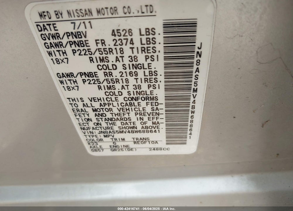 2011 NISSAN ROGUE VIN: JN8AS5MV4BW688641