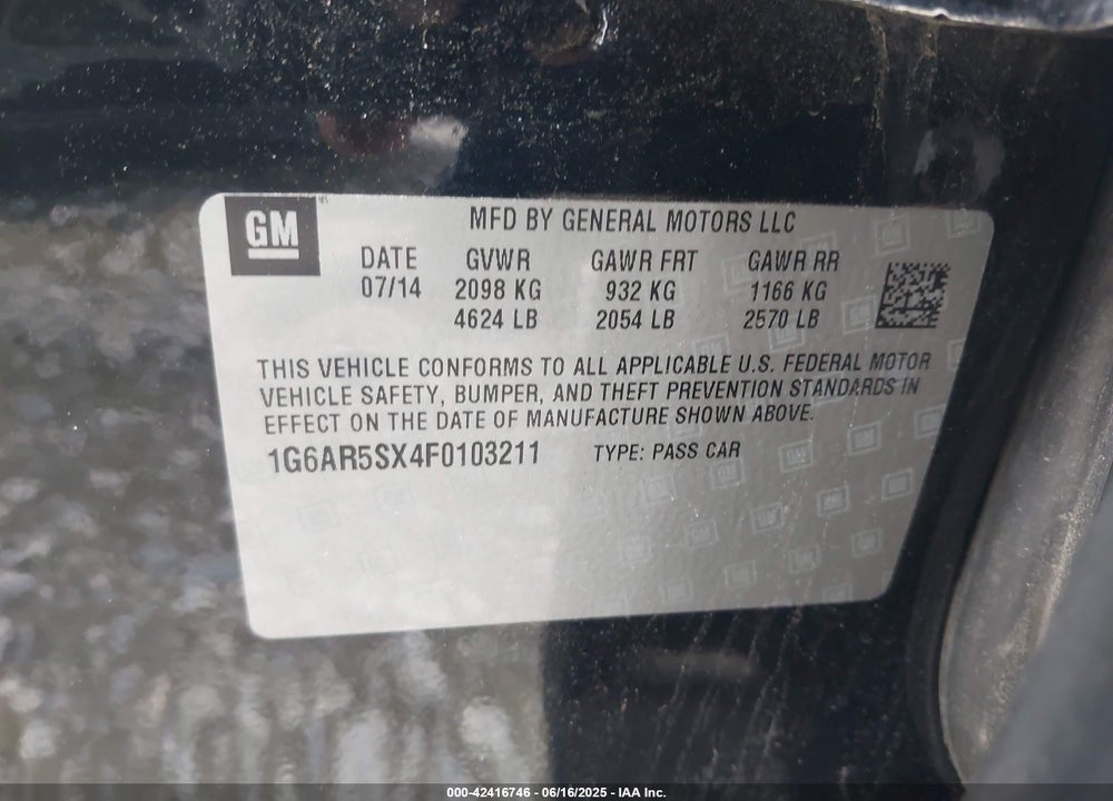 2015 CADILLAC CTS VIN: 1G6AR5SX4F0103211