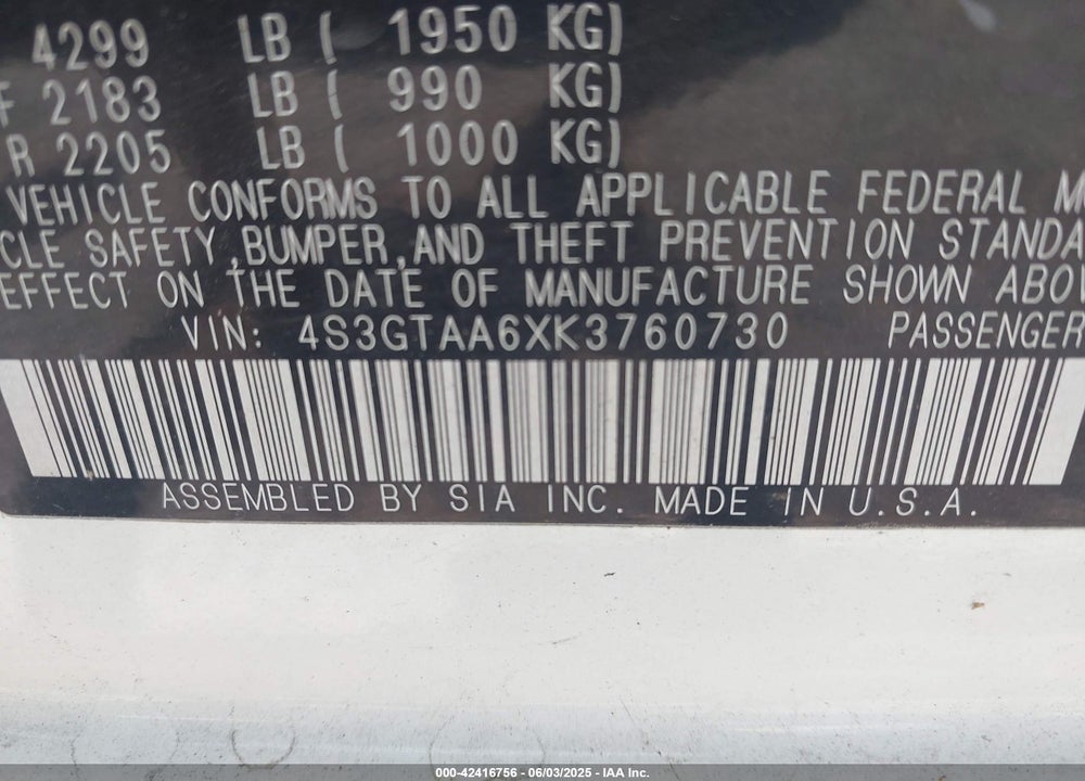 2019 SUBARU IMPREZA 2.0I VIN: 4S3GTAA6XK3760730