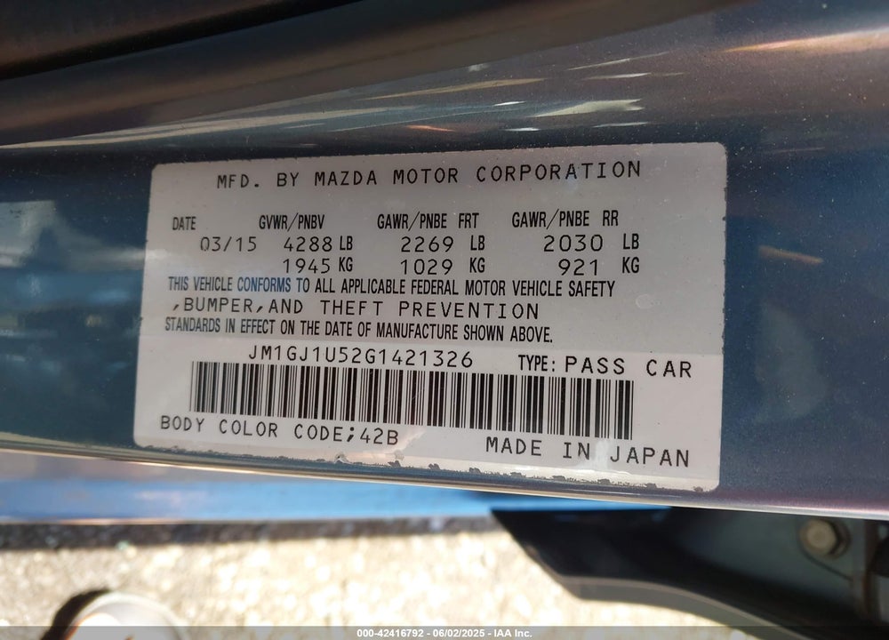 2016 MAZDA 6 VIN: JM1GJ1U52G1421326