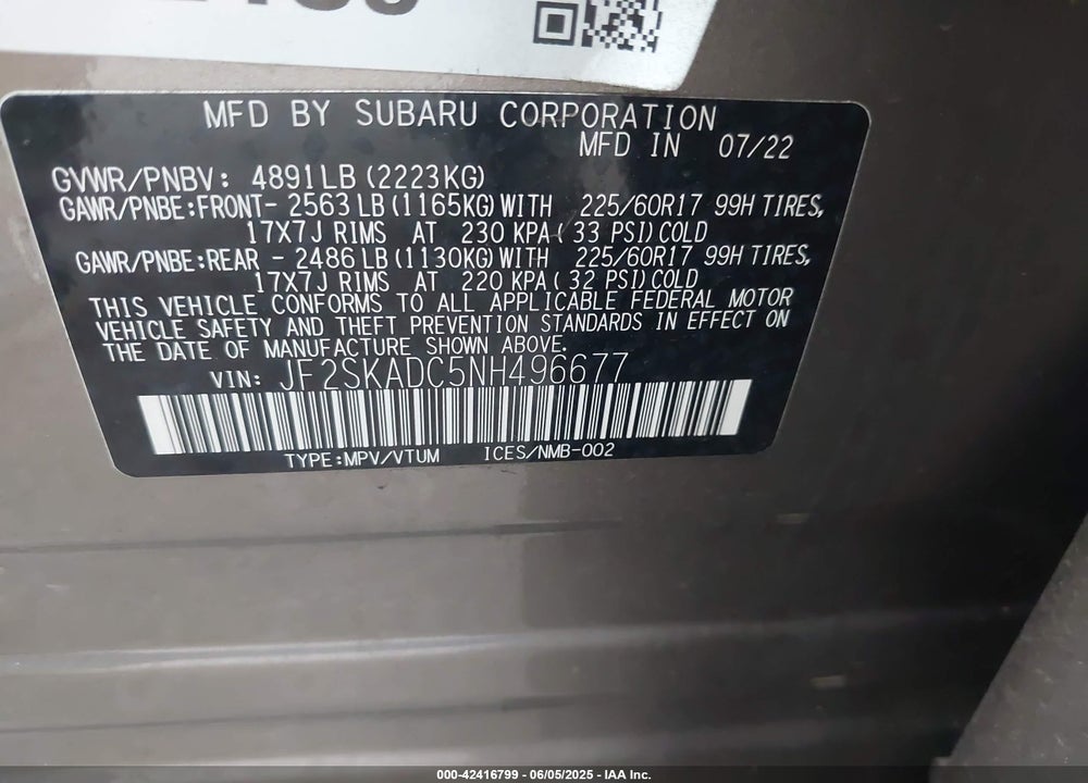 2022 SUBARU FORESTER VIN: JF2SKADC5NH496677