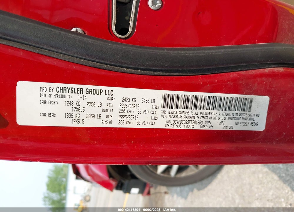 2014 DODGE JOURNEY VIN: 3C4PDCBG9ET201663