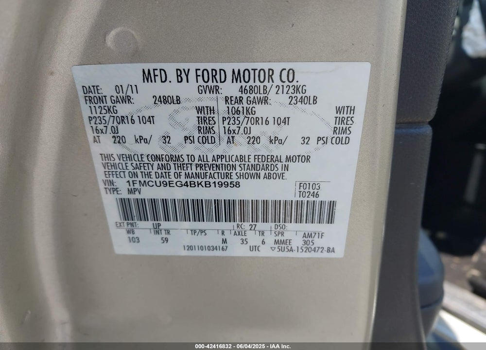 2011 FORD ESCAPE VIN: 1FMCU9EG4BKB19958