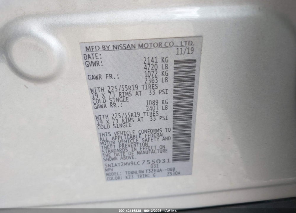 2020 NISSAN ROGUE SL INTELLIGENT AWD VIN: 5N1AT2MV9LC755031
