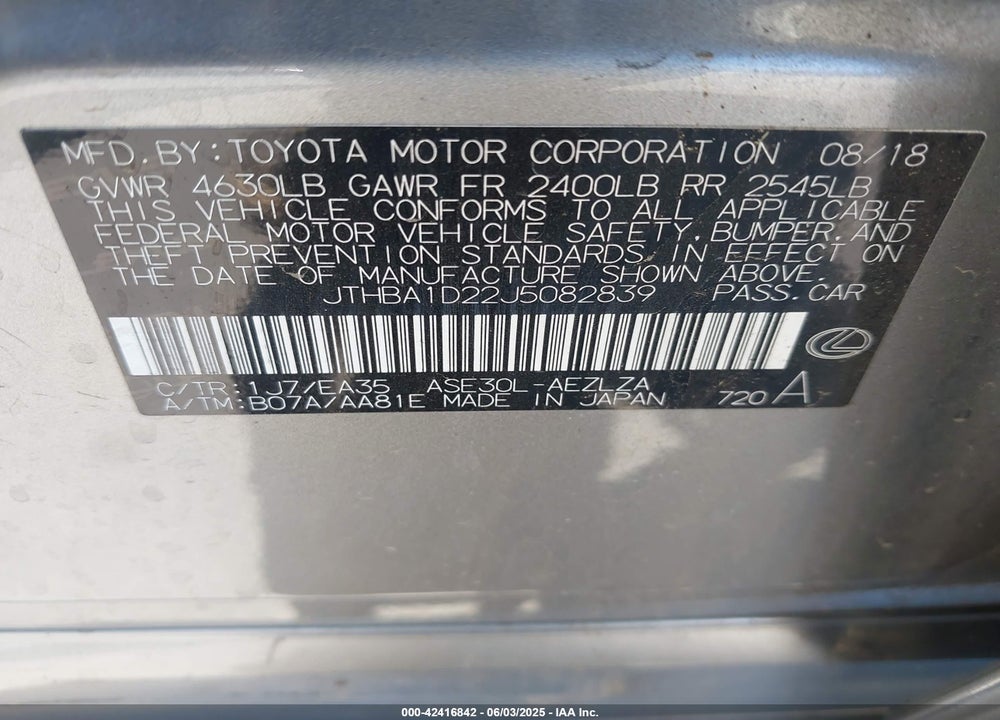 2018 LEXUS IS 300 VIN: JTHBA1D22J5082839