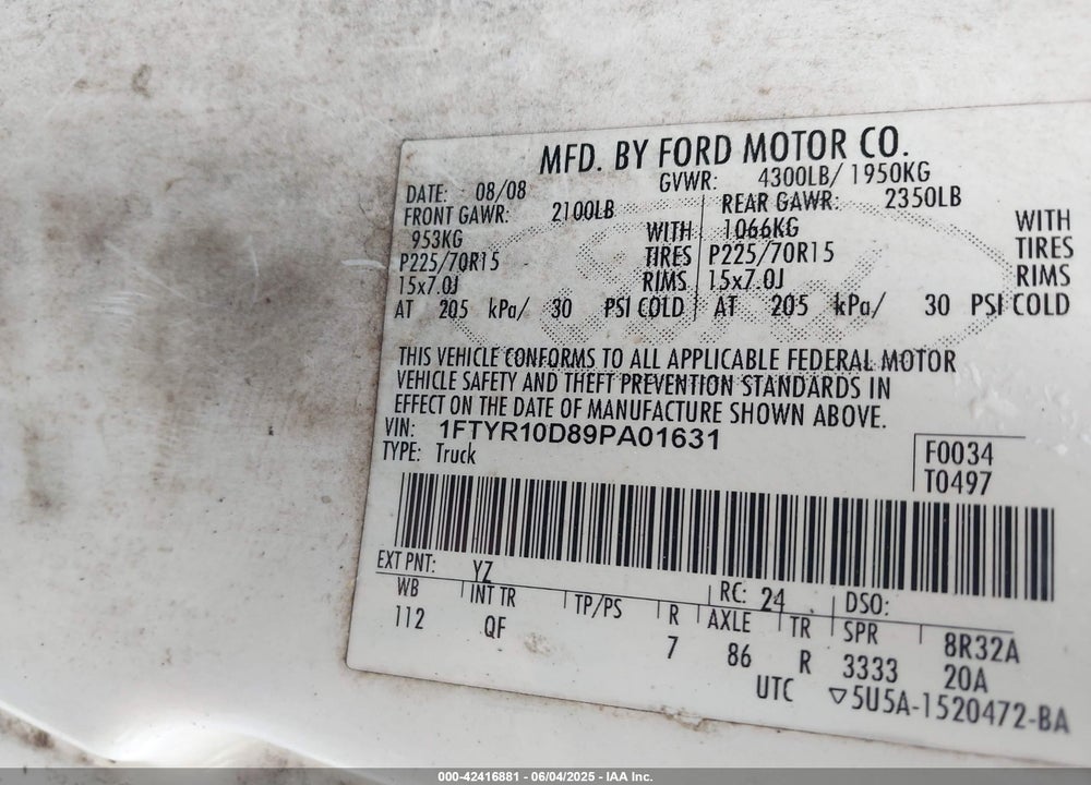 2009 FORD RANGER XL VIN: 1FTYR10D89PA01631