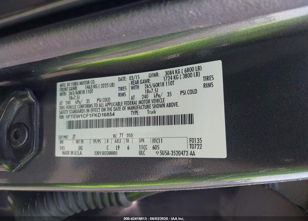 2015 FORD F-150 VIN: 1FTEW1CF1FKD16854