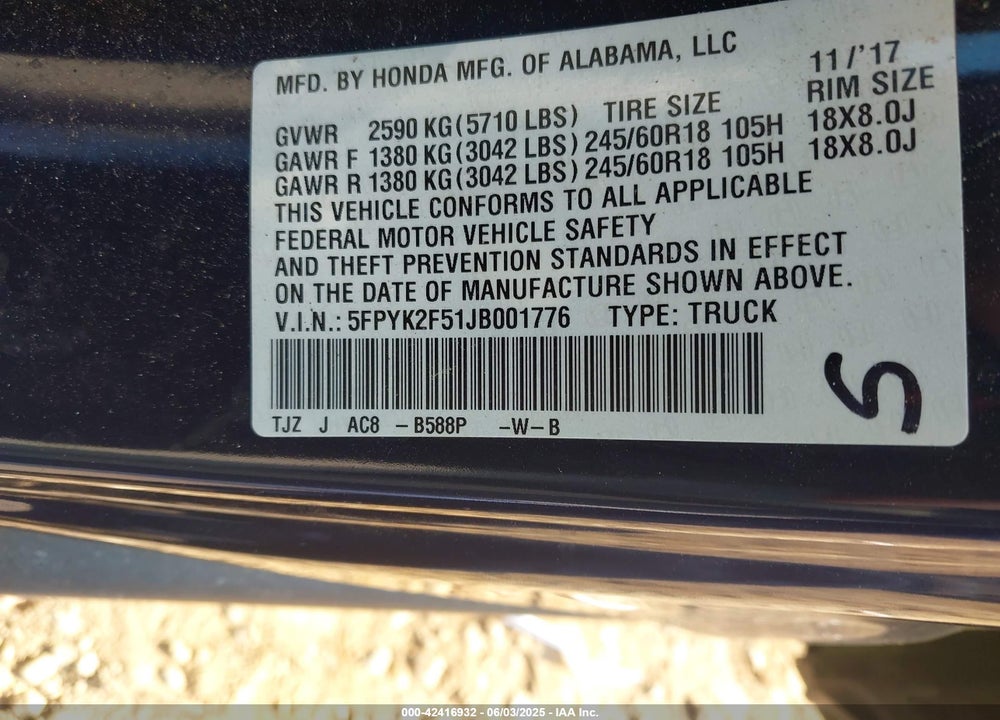 2018 HONDA RIDGELINE VIN: 5FPYK2F51JB001776