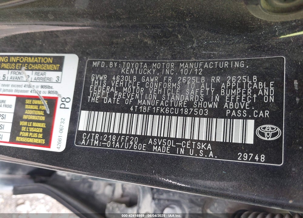 2012 TOYOTA CAMRY VIN: 4T1BF1FK6CU187503