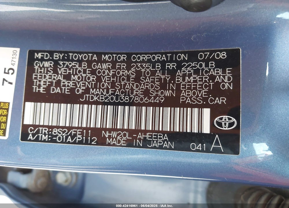 2008 TOYOTA PRIUS STANDARD VIN: JTDKB20U387806449