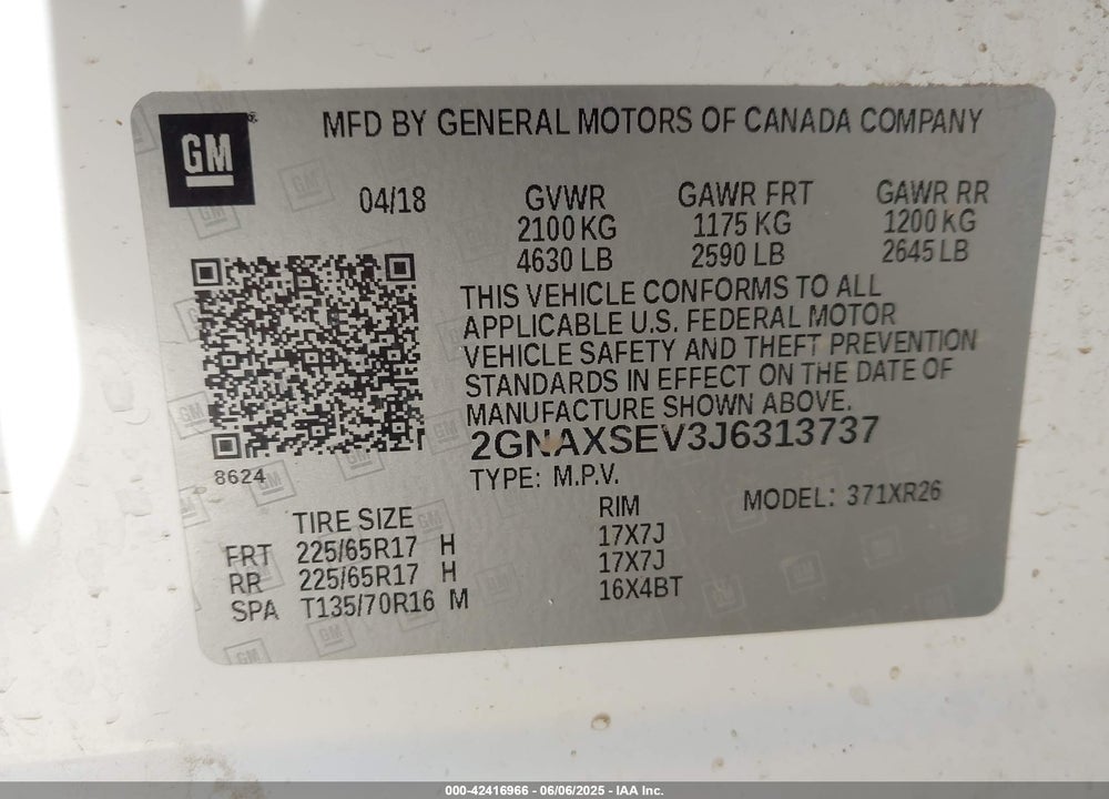 2018 CHEVROLET EQUINOX VIN: 2GNAXSEV3J6313737