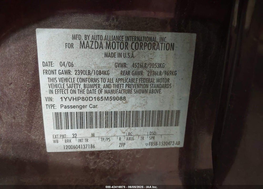 2006 MAZDA MAZDA6 VIN: 1YVHP80D165M59088