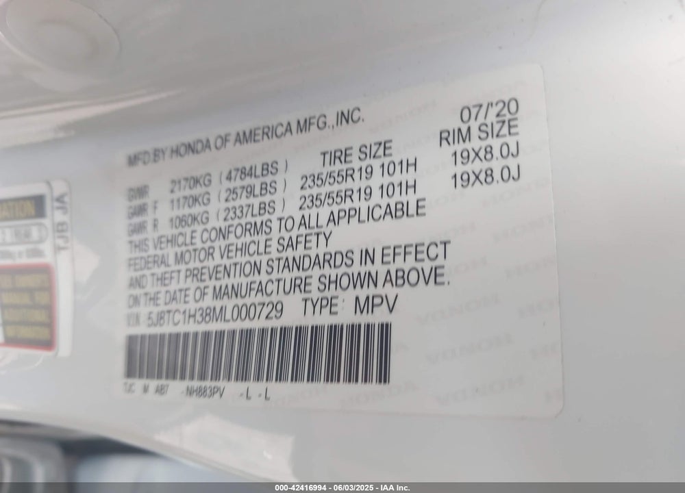 2021 ACURA RDX BASE (A10) VIN: 5J8TC1H38ML000729