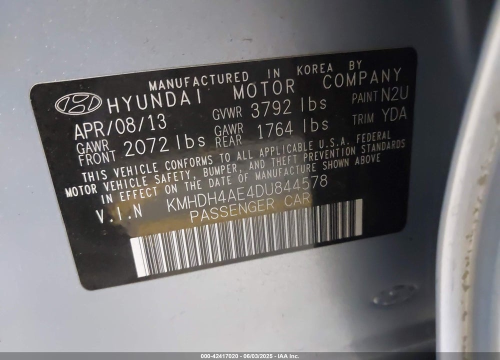 2013 HYUNDAI ELANTRA VIN: KMHDH4AE4DU844578