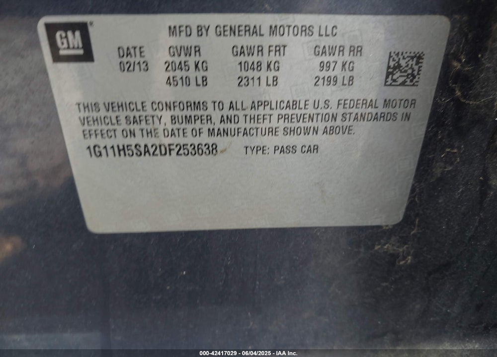 2013 CHEVROLET MALIBU VIN: 1G11H5SA2DF253638