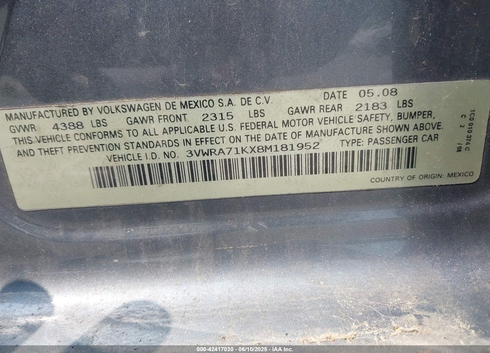 2008 VOLKSWAGEN JETTA VIN: 3VWRA71KX8M181952