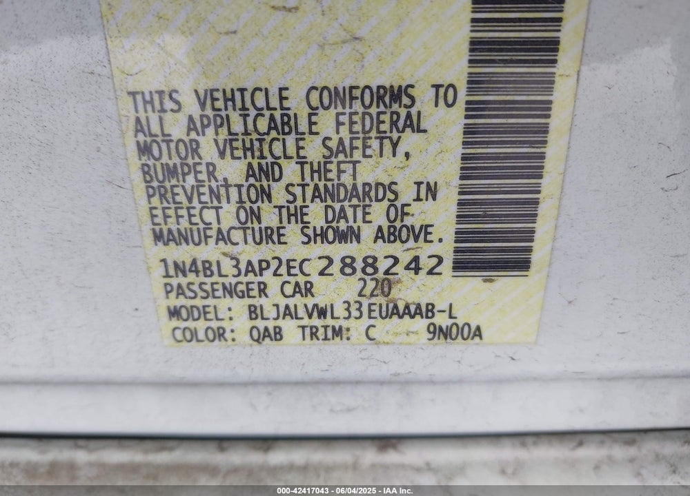 2014 NISSAN ALTIMA VIN: 1N4BL3AP2EC288242