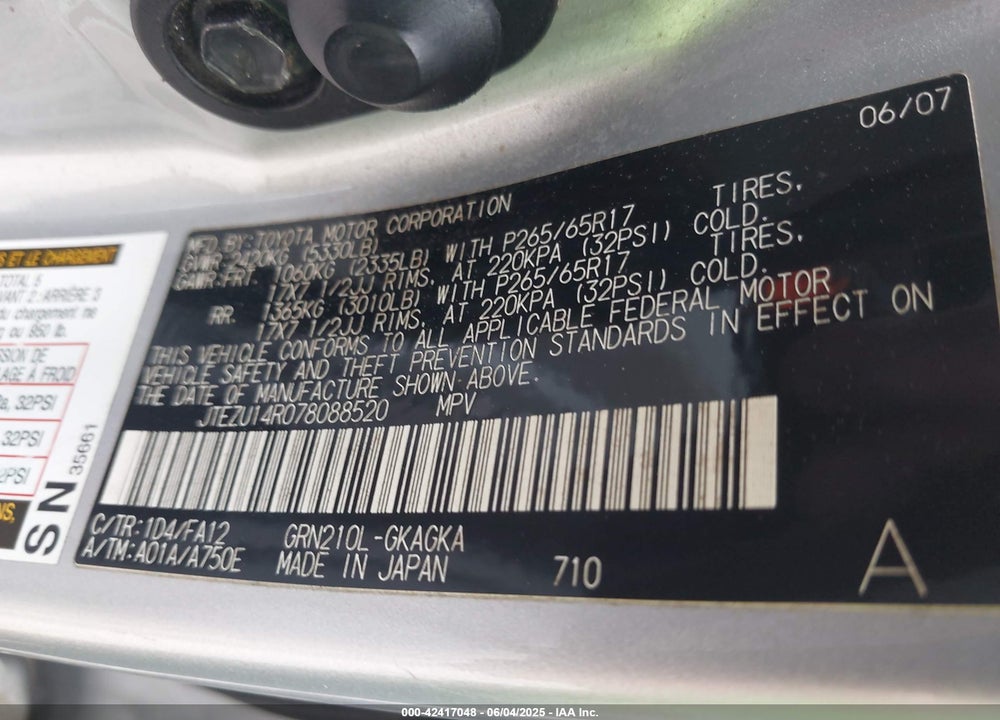 2007 TOYOTA 4RUNNER SR5 V6 VIN: JTEZU14R078088520