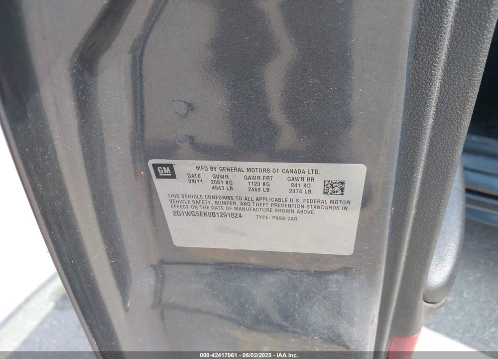 2011 CHEVROLET IMPALA LT VIN: 2G1WG5EK0B1291824