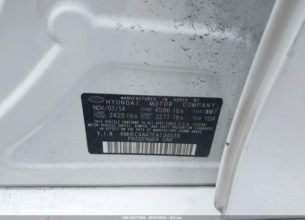 2015 HYUNDAI SONATA HYBRID VIN: KMHEC4A47FA134539