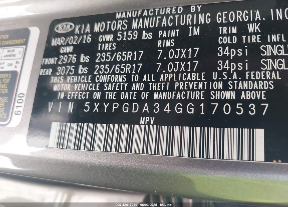 2016 KIA SORENTO 2.4L LX VIN: 5XYPGDA34GG170537