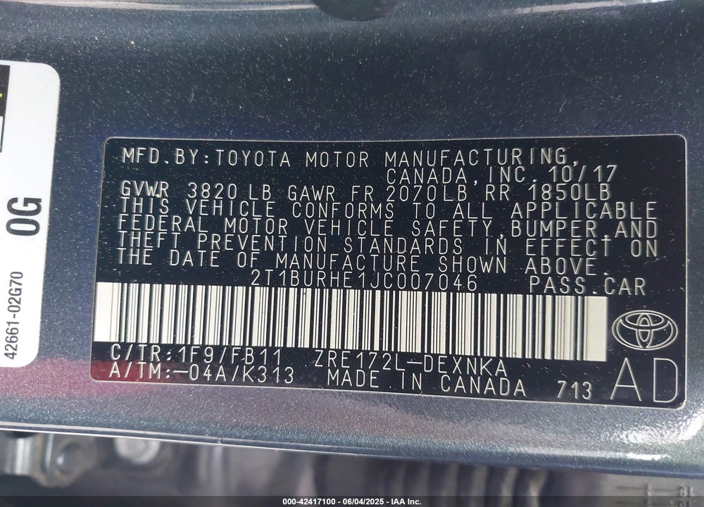 2018 TOYOTA COROLLA VIN: 2T1BURHE1JC007046