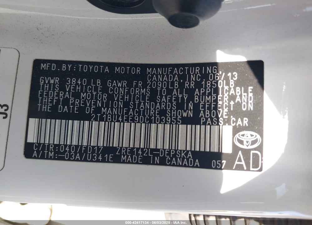 2013 TOYOTA COROLLA VIN: 2T1BU4EE9DC103955