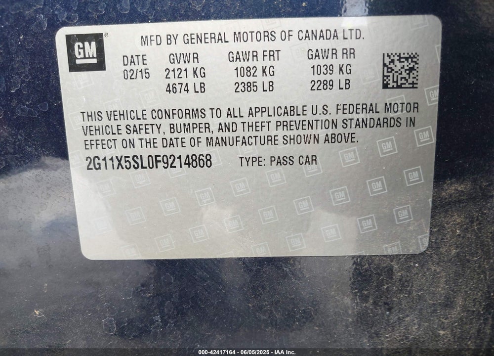 2015 CHEVROLET IMPALA VIN: 2G11X5SL0F9214868