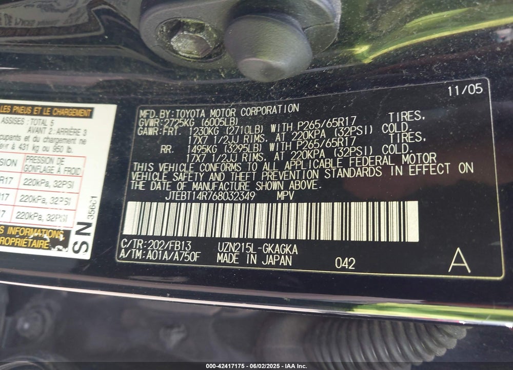 2006 TOYOTA 4RUNNER VIN: JTEBT14R768032349