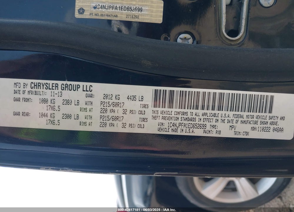 2014 JEEP PATRIOT LATITUDE VIN: 1C4NJPFA1ED652699