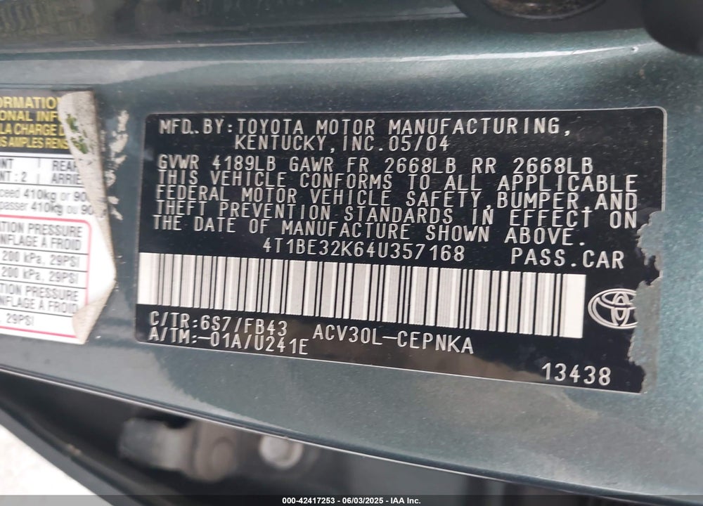 2004 TOYOTA CAMRY LE VIN: 4T1BE32K64U357168