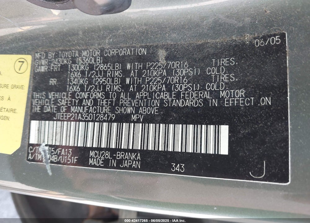 2005 TOYOTA HIGHLANDER VIN: JTEEP21A350128479