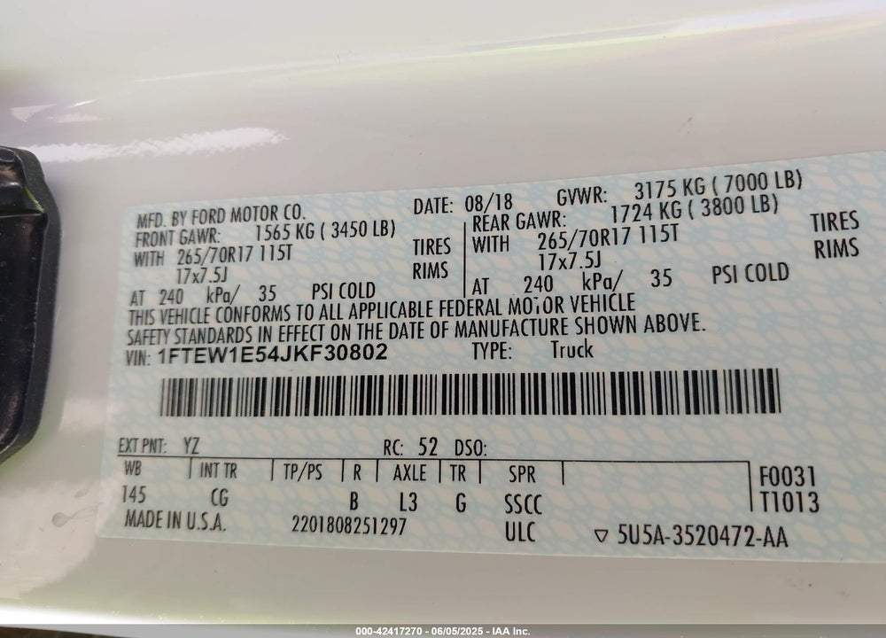 2018 FORD F-150 XL VIN: 1FTEW1E54JKF30802