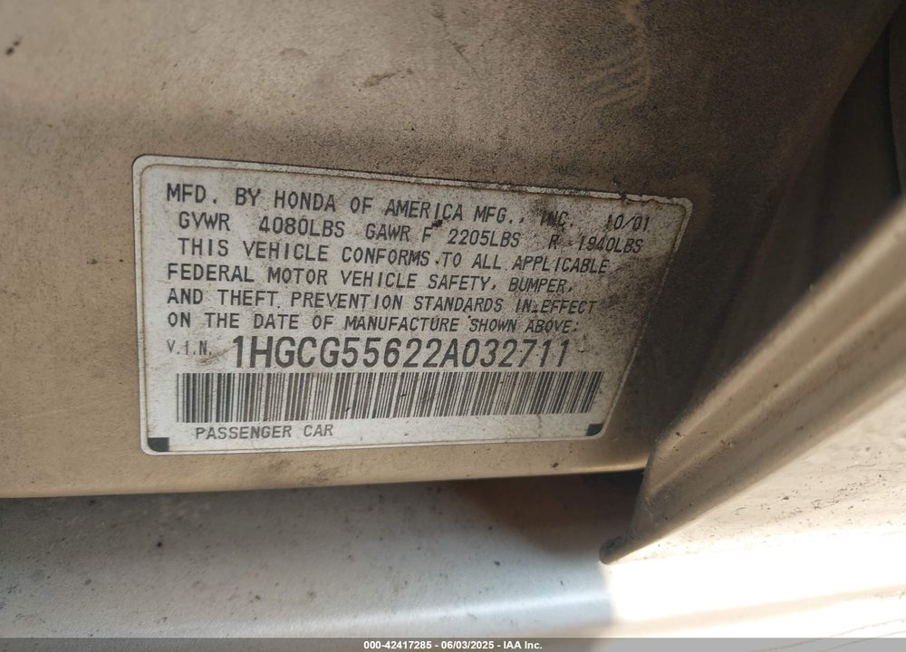2002 HONDA ACCORD 2.3 EX VIN: 1HGCG55622A032711