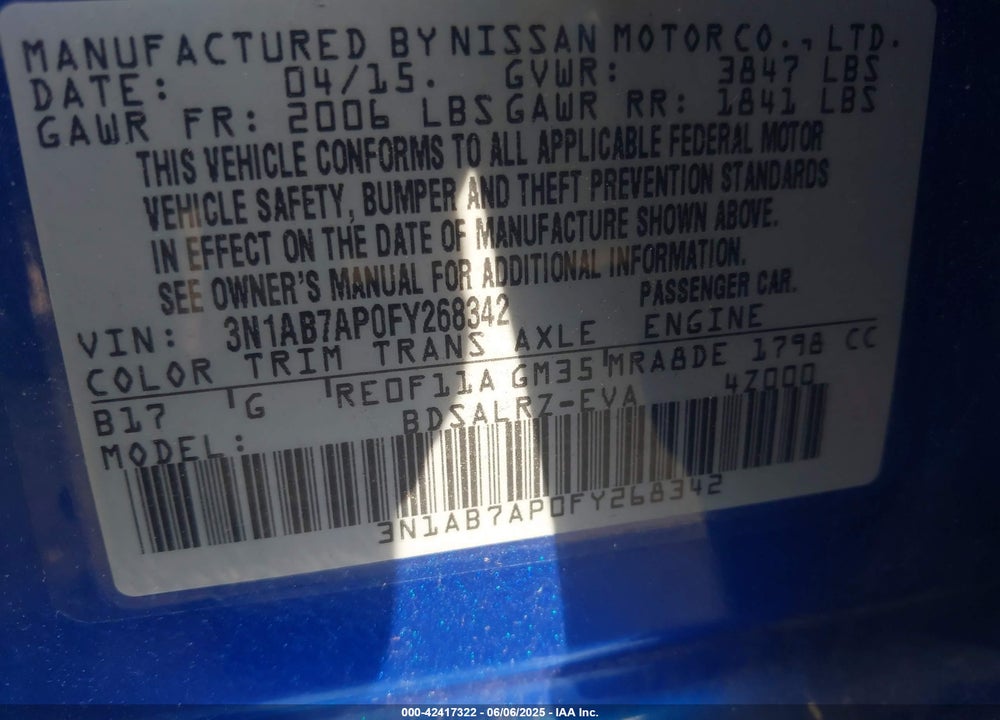 2015 NISSAN SENTRA SR VIN: 3N1AB7AP0FY268342