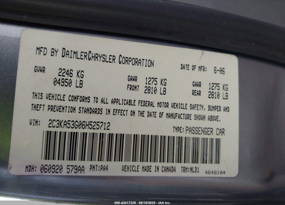 2006 CHRYSLER 300 TOURING VIN: 2C3KA53G06H525712