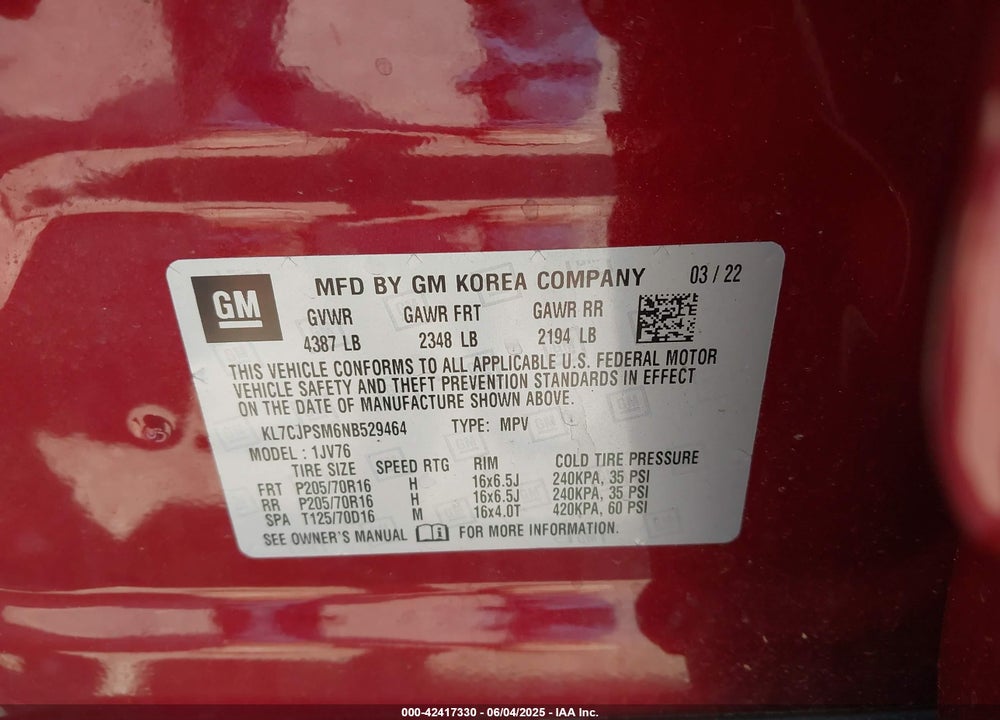 2022 CHEVROLET TRAX VIN: KL7CJPSM6NB529464