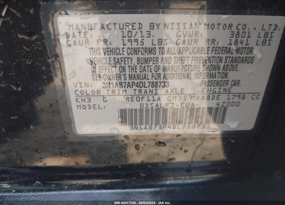 2013 NISSAN SENTRA VIN: 3N1AB7AP4DL788733