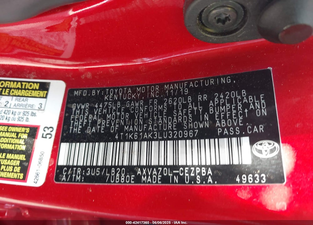 2020 TOYOTA CAMRY XSE VIN: 4T1K61AK3LU320967