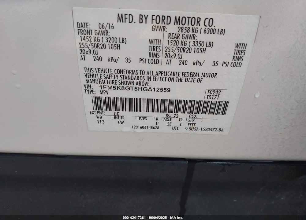 2017 FORD EXPLORER VIN: 1FM5K8GT5HGA12559