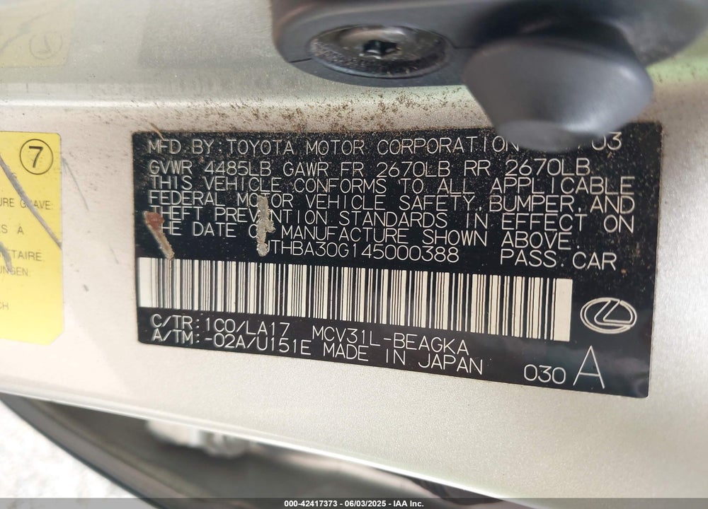 2004 LEXUS ES 330 VIN: JTHBA30G145000388