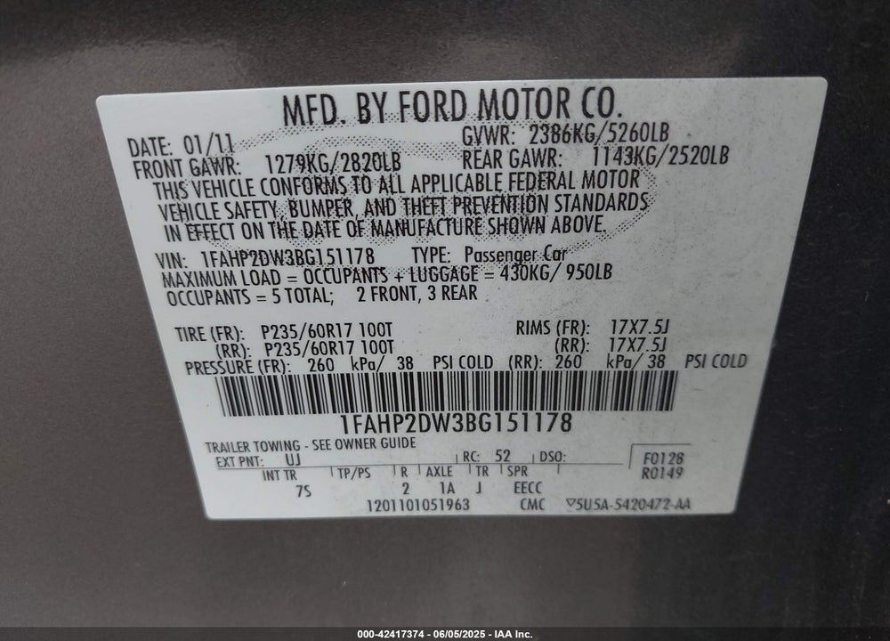 2011 FORD TAURUS VIN: 1FAHP2DW3BG151178
