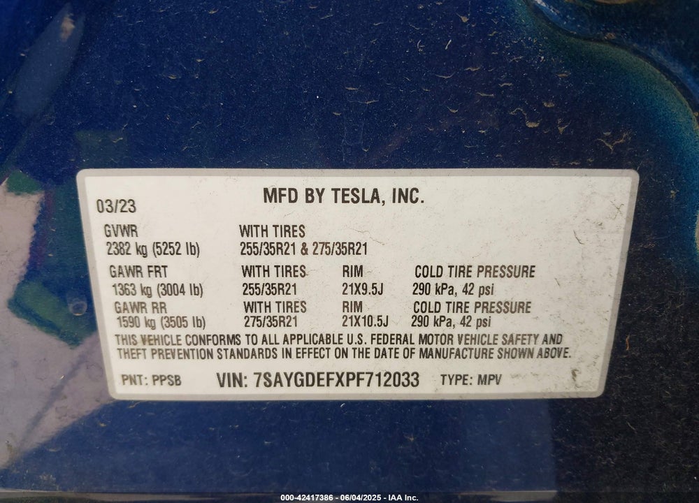 2023 TESLA MODEL Y VIN: 7SAYGDEFXPF712033