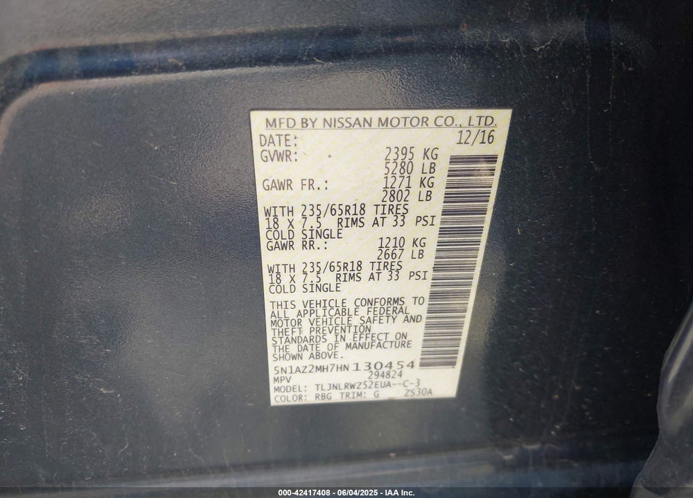 2017 NISSAN MURANO VIN: 5N1AZ2MH7HN130454