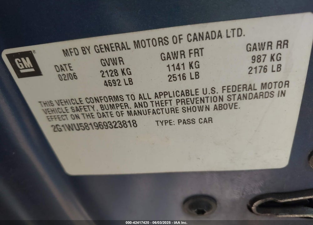 2006 CHEVROLET IMPALA LTZ VIN: 2G1WU581969323818