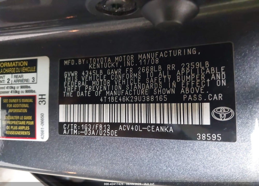 2009 TOYOTA CAMRY VIN: 4T1BE46K29U388165